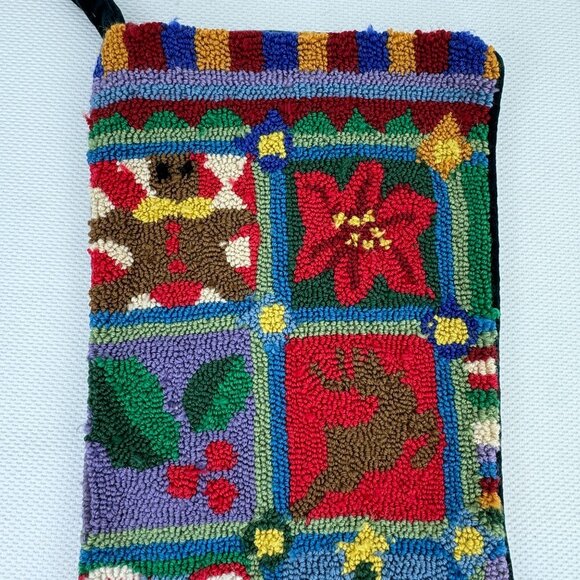 Vintage Christmas Stocking Wool Tapestry Holiday Design Cotton Velvet Back 19" - Picture 3 of 8